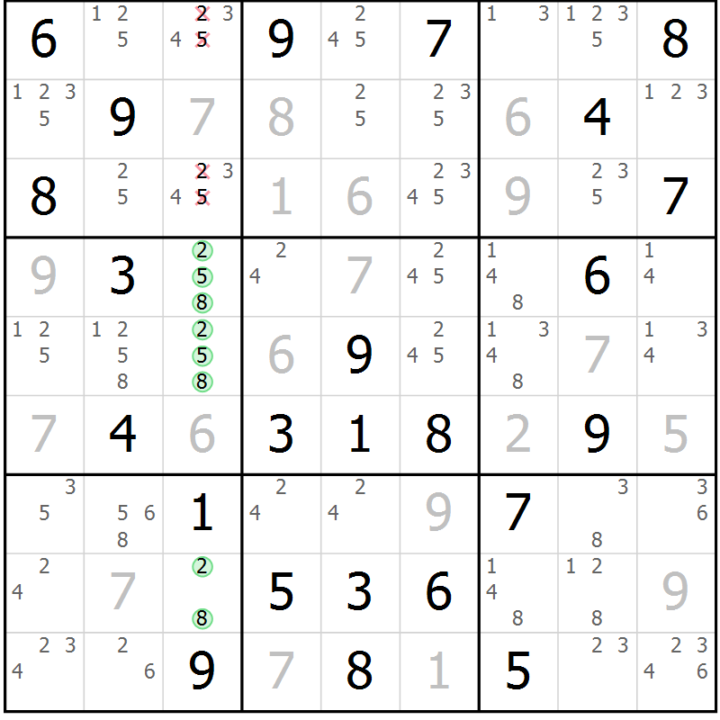 Position des candidats pour la solution de la Gr 40 page 43 du magazine de sudoku Maestro n° 085