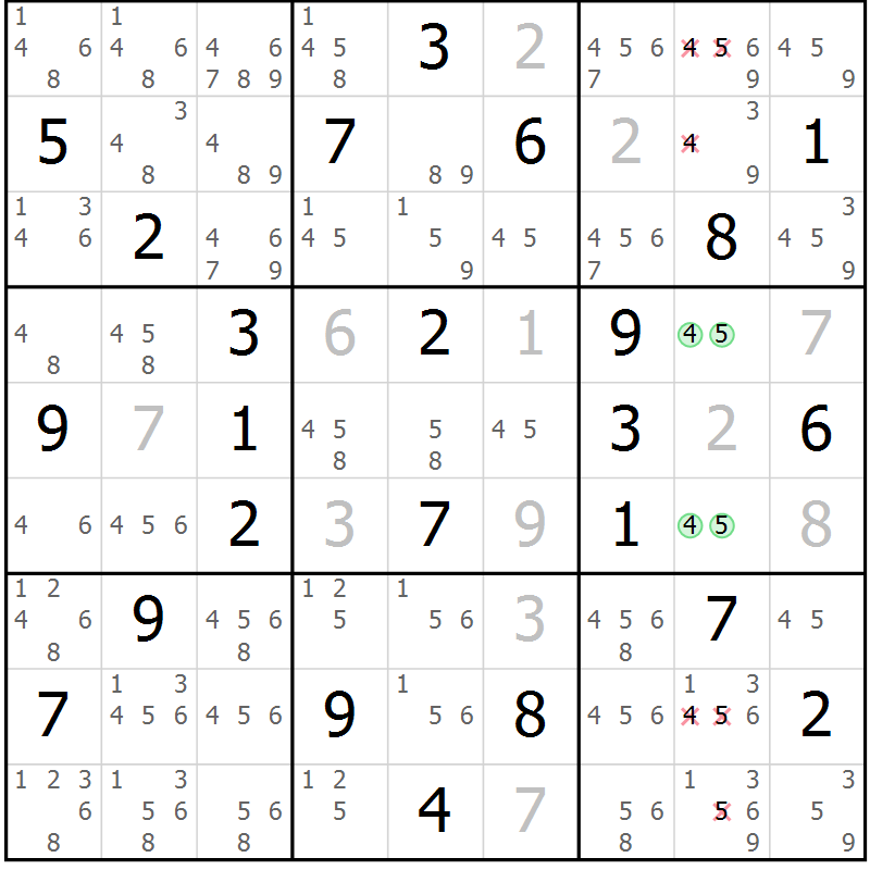 Position des candidats pour la solution de la Gr 42 page 45 du magazine de sudoku Maestro n° 085
