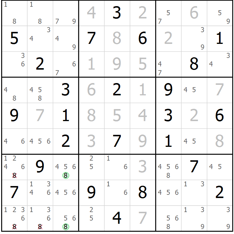 Position des candidats pour la solution de la Gr 42 page 45 du magazine de sudoku Maestro n° 085