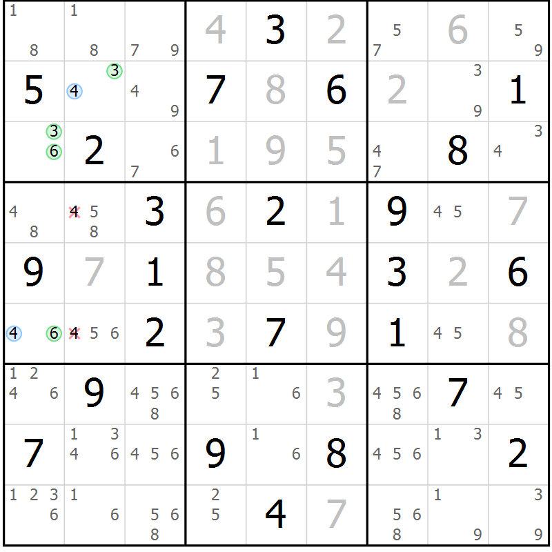 Position des candidats pour la solution de la Gr 42 page 45 du magazine de sudoku Maestro n° 085