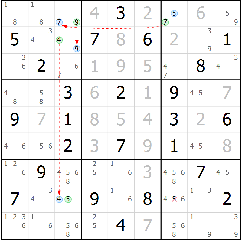 Position des candidats pour la solution de la Gr 42 page 45 du magazine de sudoku Maestro n° 085