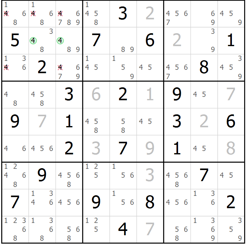 Position des candidats pour la solution de la Gr 42 page 45 du magazine de sudoku Maestro n° 085