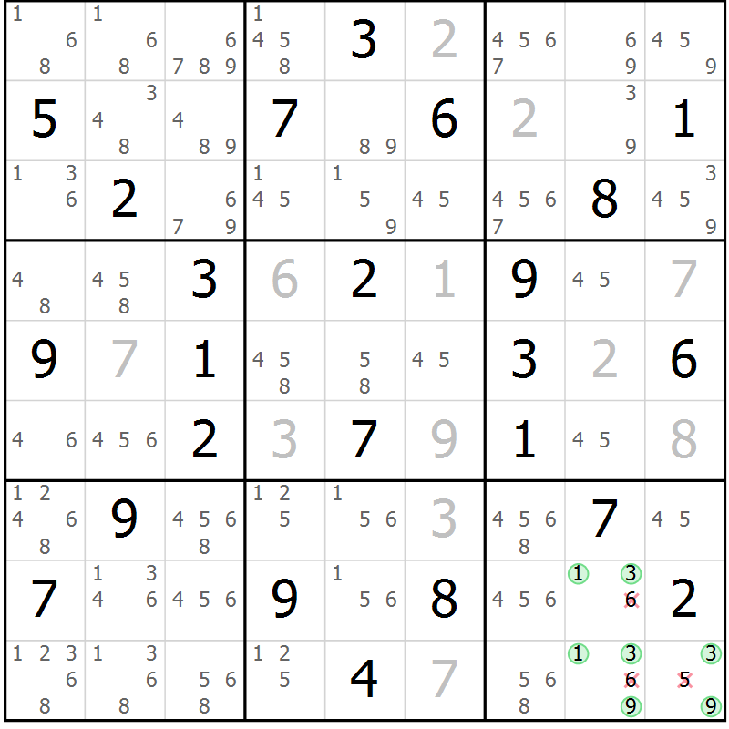 Position des candidats pour la solution de la Gr 42 page 45 du magazine de sudoku Maestro n° 085