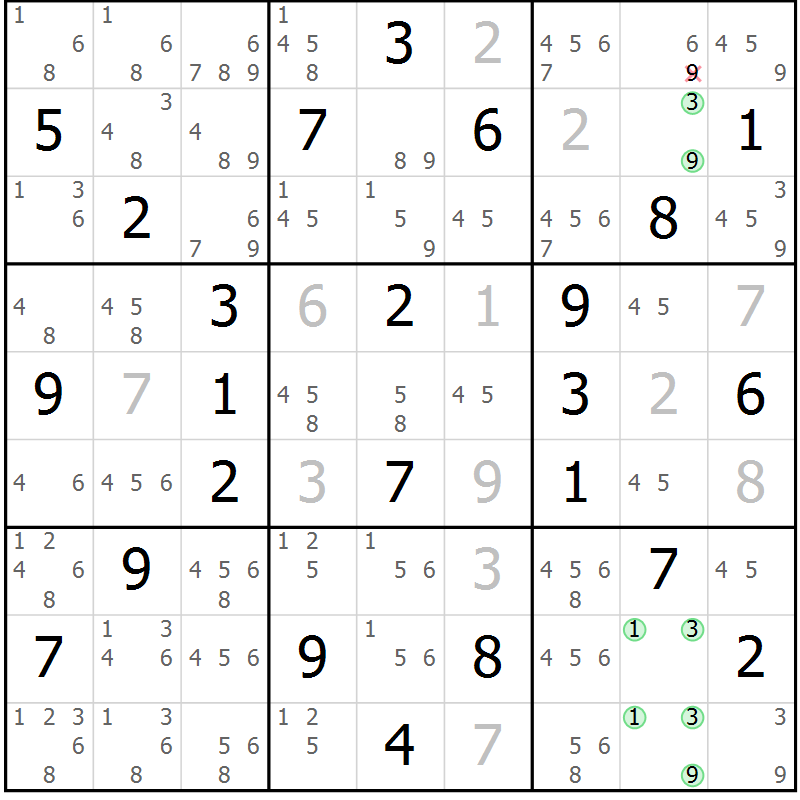 Position des candidats pour la solution de la Gr 42 page 45 du magazine de sudoku Maestro n° 085
