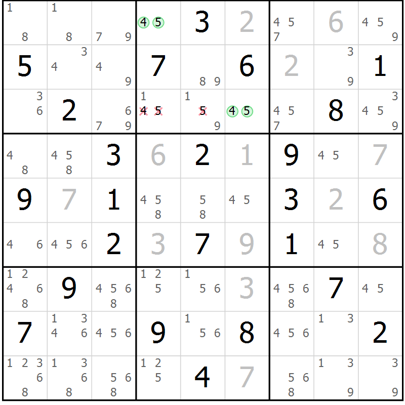 Position des candidats pour la solution de la Gr 42 page 45 du magazine de sudoku Maestro n° 085