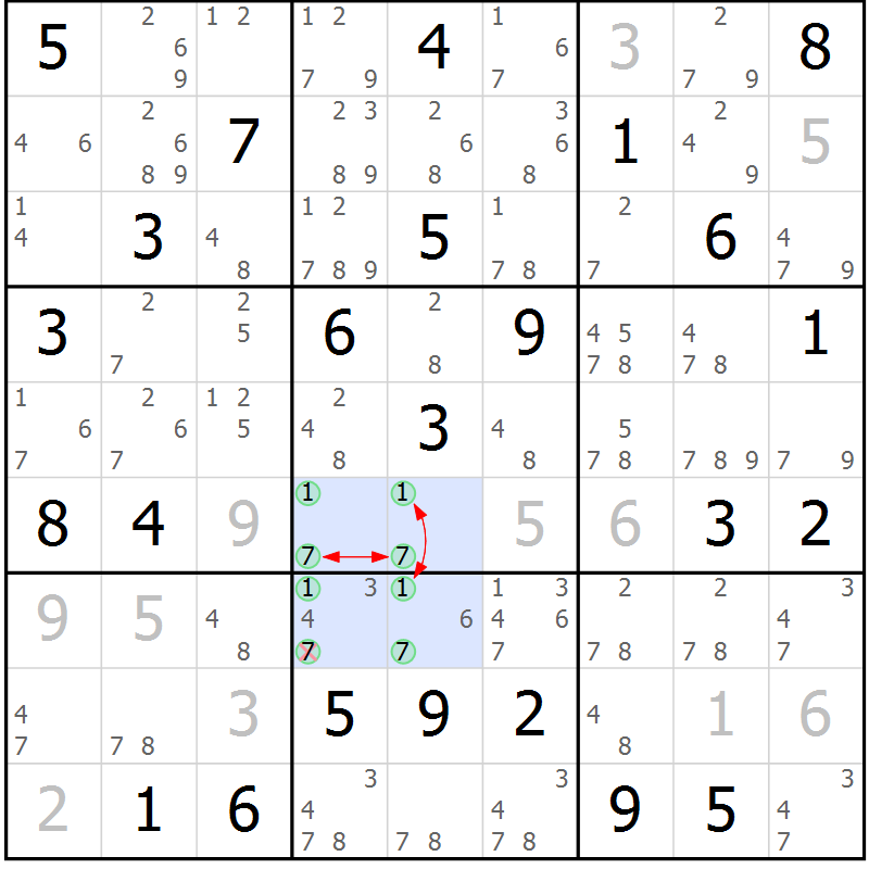 Position des candidats pour la solution de la Gr 43 page 46 du magazine de sudoku Maestro n° 085