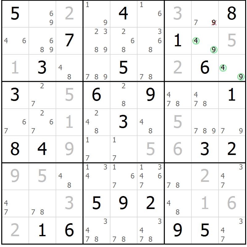Position des candidats pour la solution de la Gr 43 page 46 du magazine de sudoku Maestro n° 085
