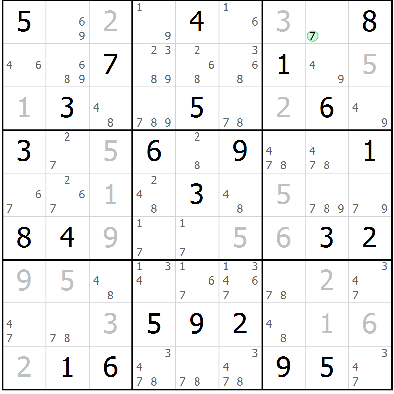 Position des candidats pour la solution de la Gr 43 page 46 du magazine de sudoku Maestro n° 085