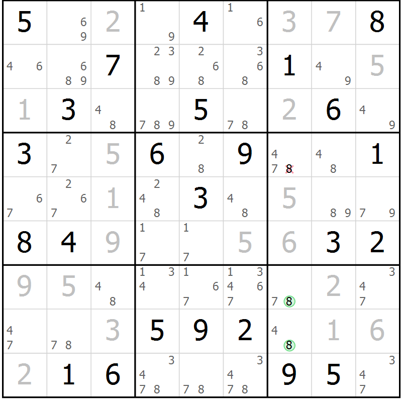 Position des candidats pour la solution de la Gr 43 page 46 du magazine de sudoku Maestro n° 085