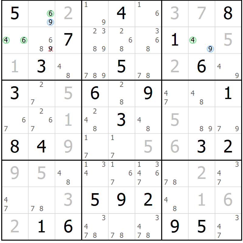 Position des candidats pour la solution de la Gr 43 page 46 du magazine de sudoku Maestro n° 085