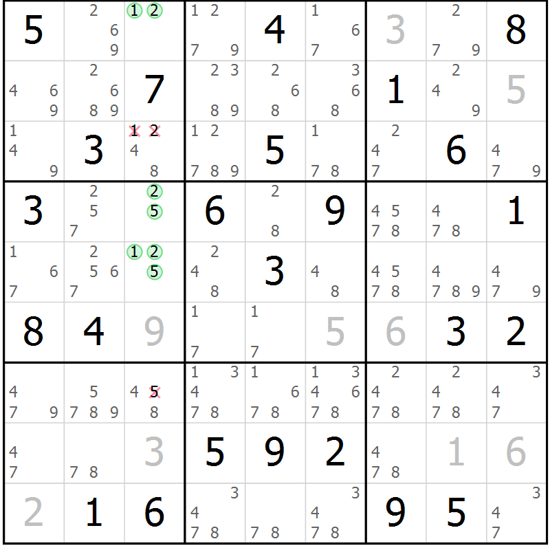 Position des candidats pour la solution de la Gr 43 page 46 du magazine de sudoku Maestro n° 085