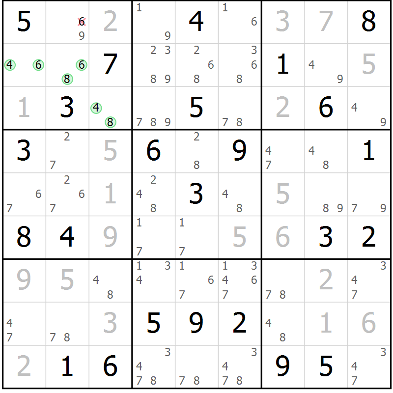 Position des candidats pour la solution de la Gr 43 page 46 du magazine de sudoku Maestro n° 085
