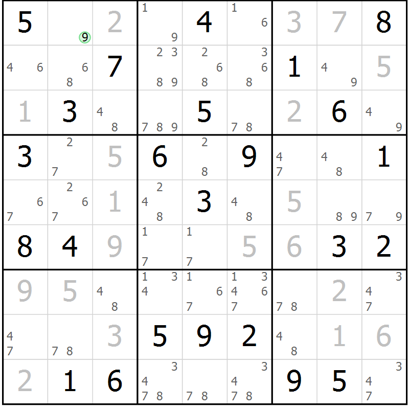 Position des candidats pour la solution de la Gr 43 page 46 du magazine de sudoku Maestro n° 085