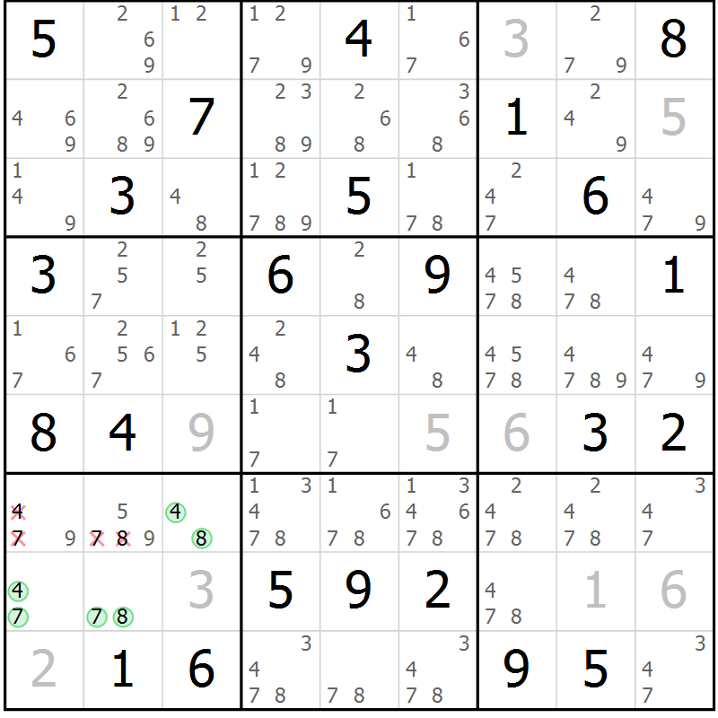 Position des candidats pour la solution de la Gr 43 page 46 du magazine de sudoku Maestro n° 085