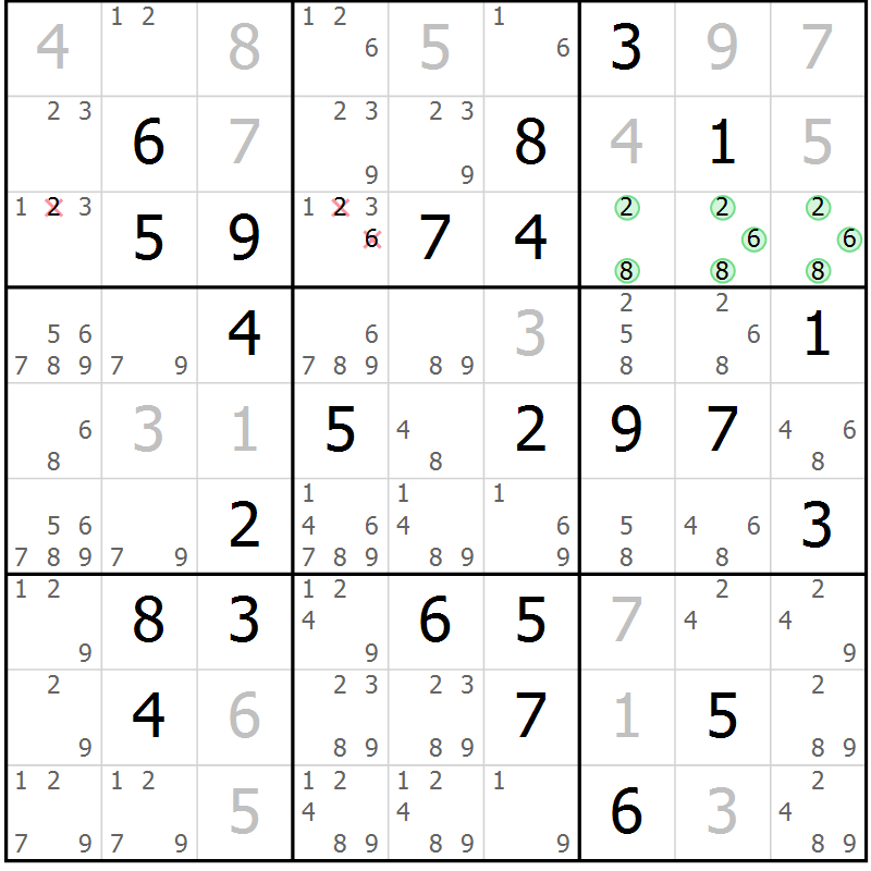 Position des candidats pour la solution de la Gr 44 page 47 du magazine de sudoku Maestro n° 085