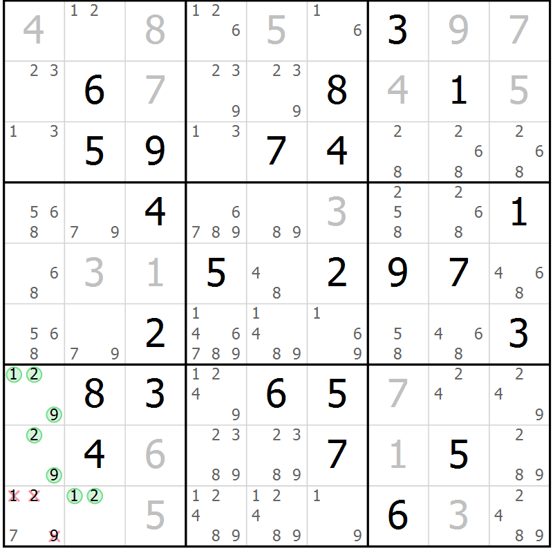 Position des candidats pour la solution de la Gr 44 page 47 du magazine de sudoku Maestro n° 085