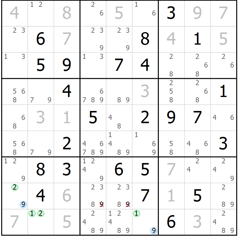 Position des candidats pour la solution de la Gr 44 page 47 du magazine de sudoku Maestro n° 085