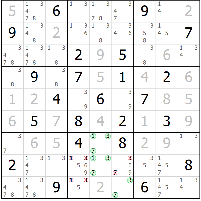 Position des candidats pour la solution de la Gr 45 page 48 du magazine de sudoku Maestro n° 085