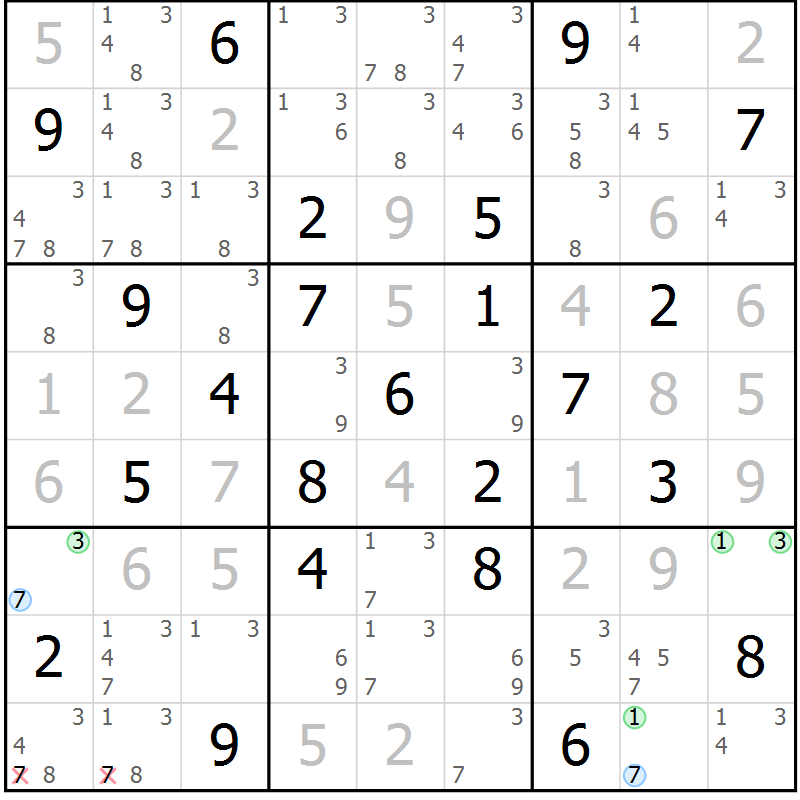 Position des candidats pour la solution de la Gr 45 page 48 du magazine de sudoku Maestro n° 085