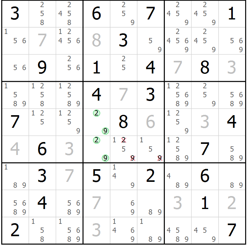 Position des candidats pour la solution de la Gr 46 page 49 du magazine de sudoku Maestro n° 085