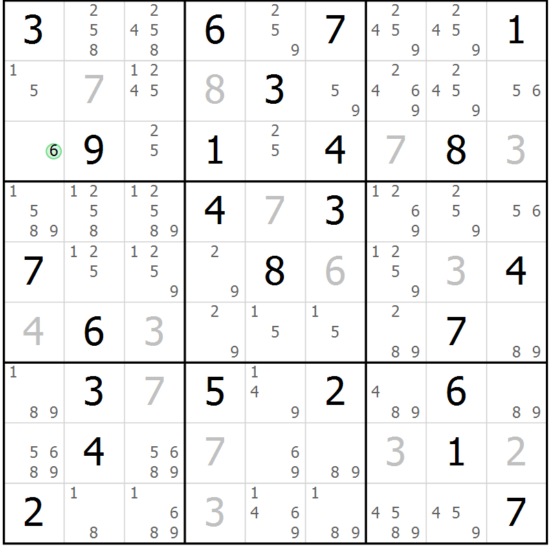 Position des candidats pour la solution de la Gr 46 page 49 du magazine de sudoku Maestro n° 085