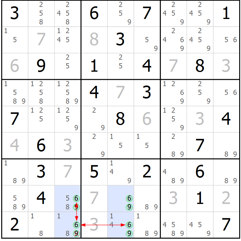 Position des candidats pour la solution de la Gr 46 page 49 du magazine de sudoku Maestro n° 085