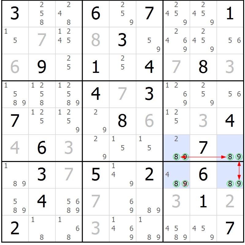 Position des candidats pour la solution de la Gr 46 page 49 du magazine de sudoku Maestro n° 085