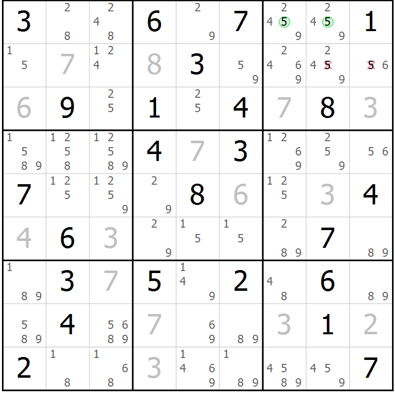 Position des candidats pour la solution de la Gr 46 page 49 du magazine de sudoku Maestro n° 085