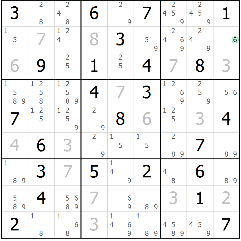 Position des candidats pour la solution de la Gr 46 page 49 du magazine de sudoku Maestro n° 085