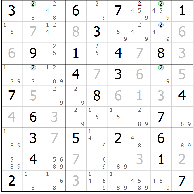 Position des candidats pour la solution de la Gr 46 page 49 du magazine de sudoku Maestro n° 085
