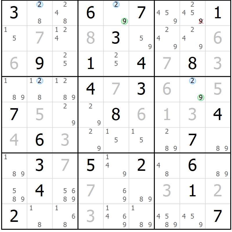 Position des candidats pour la solution de la Gr 46 page 49 du magazine de sudoku Maestro n° 085
