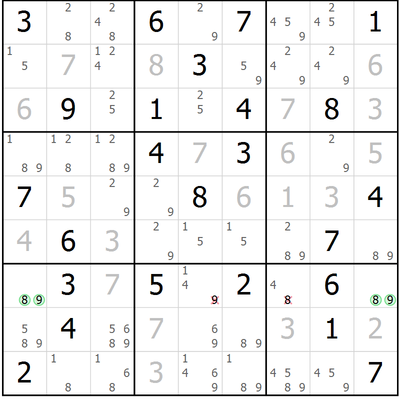Position des candidats pour la solution de la Gr 46 page 49 du magazine de sudoku Maestro n° 085
