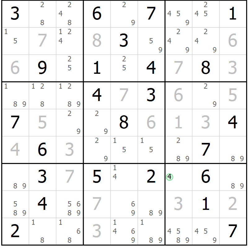Position des candidats pour la solution de la Gr 46 page 49 du magazine de sudoku Maestro n° 085