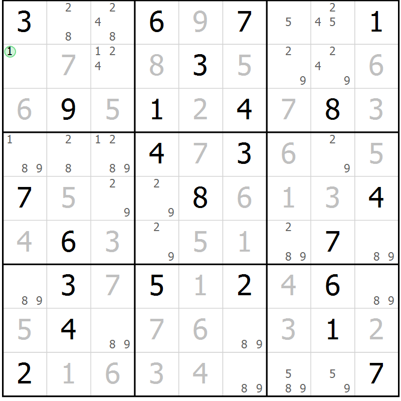 Position des candidats pour la solution de la Gr 46 page 49 du magazine de sudoku Maestro n° 085