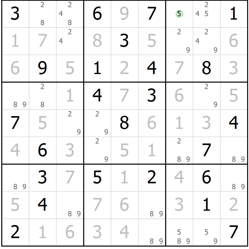Position des candidats pour la solution de la Gr 46 page 49 du magazine de sudoku Maestro n° 085