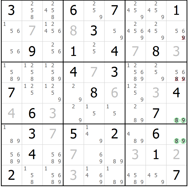 Position des candidats pour la solution de la Gr 46 page 49 du magazine de sudoku Maestro n° 085