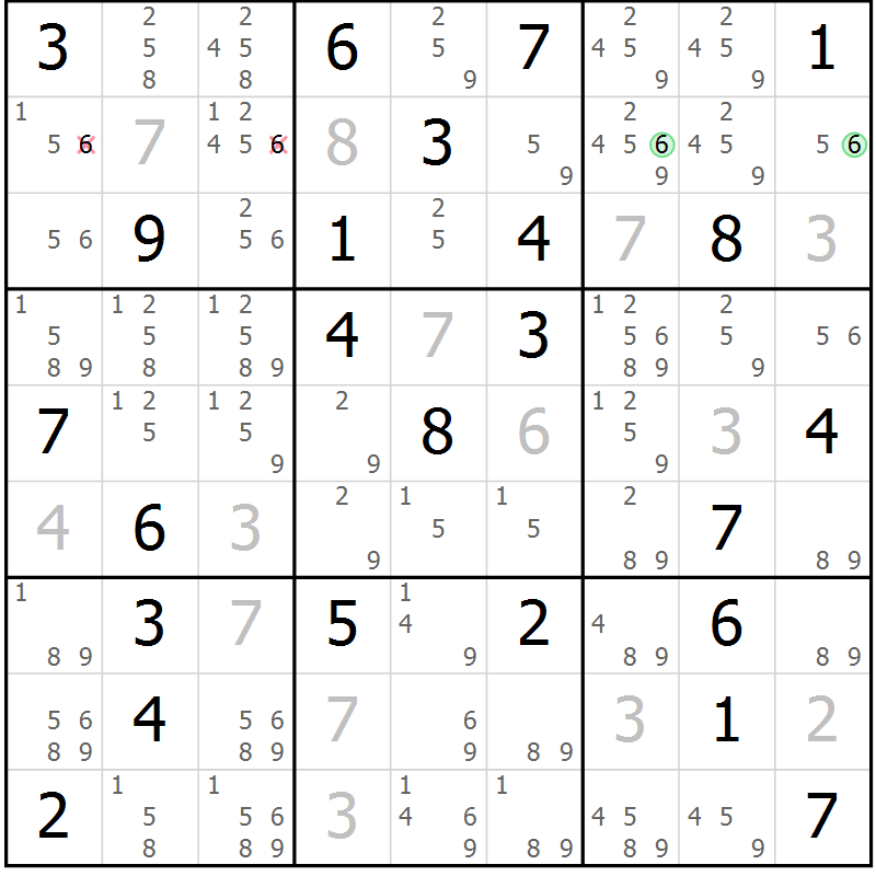Position des candidats pour la solution de la Gr 46 page 49 du magazine de sudoku Maestro n° 085