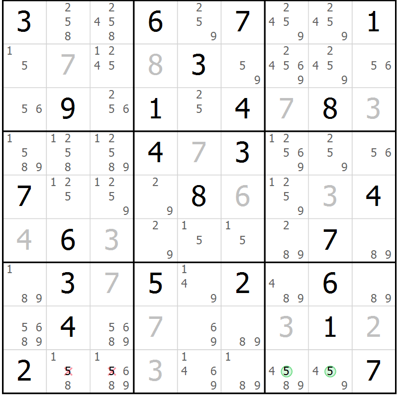 Position des candidats pour la solution de la Gr 46 page 49 du magazine de sudoku Maestro n° 085