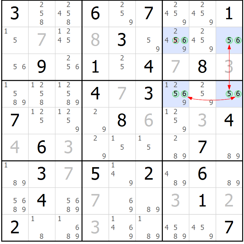 Position des candidats pour la solution de la Gr 46 page 49 du magazine de sudoku Maestro n° 085