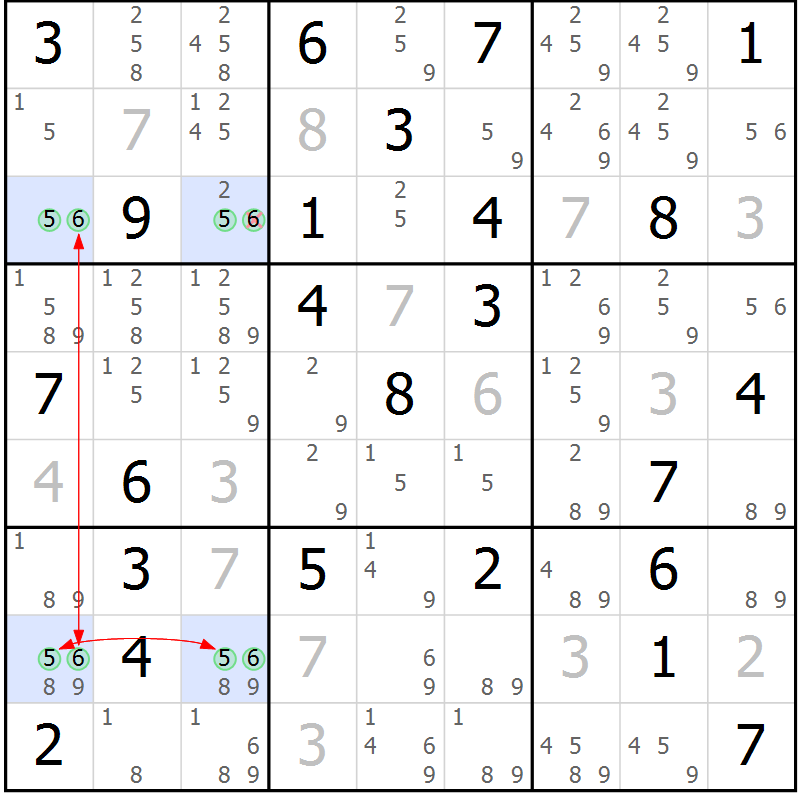 Position des candidats pour la solution de la Gr 46 page 49 du magazine de sudoku Maestro n° 085