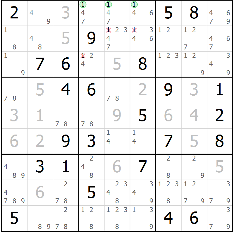 Position des candidats pour la solution de la Gr 47 page 50 du magazine de sudoku Maestro n° 085