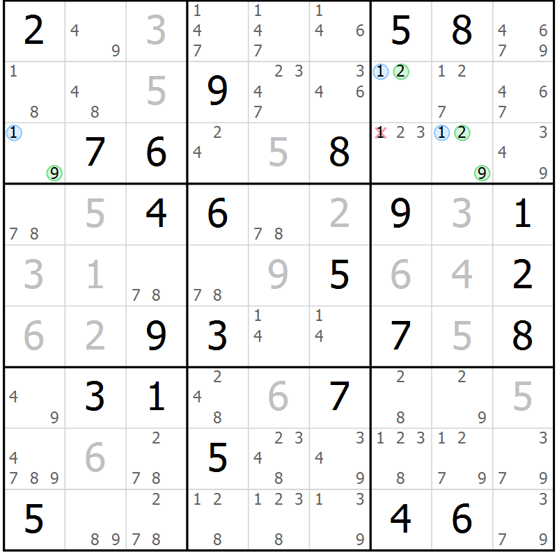 Position des candidats pour la solution de la Gr 47 page 50 du magazine de sudoku Maestro n° 085