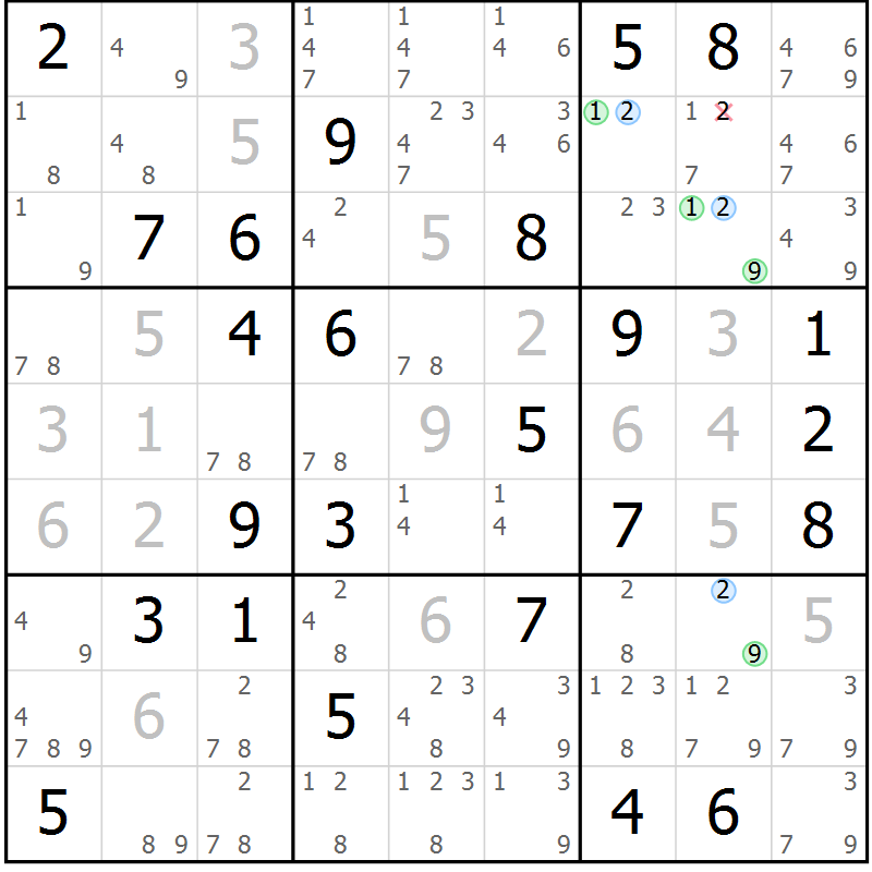 Position des candidats pour la solution de la Gr 47 page 50 du magazine de sudoku Maestro n° 085