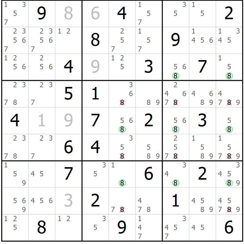 Position des candidats pour la solution de la Gr 49 page 52 du magazine de sudoku Maestro n° 085