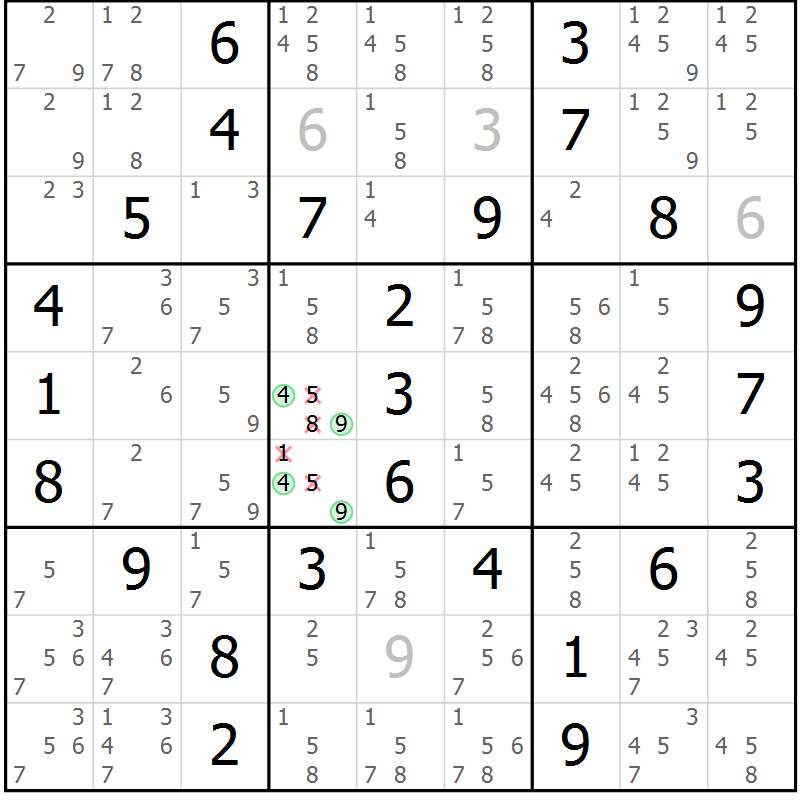 Position des candidats pour la solution de la Gr 5 page 8 du magazine de sudoku Maestro n° 085