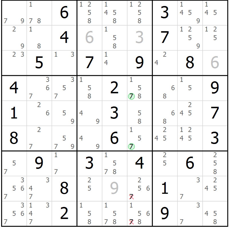 Position des candidats pour la solution de la Gr 5 page 8 du magazine de sudoku Maestro n° 085