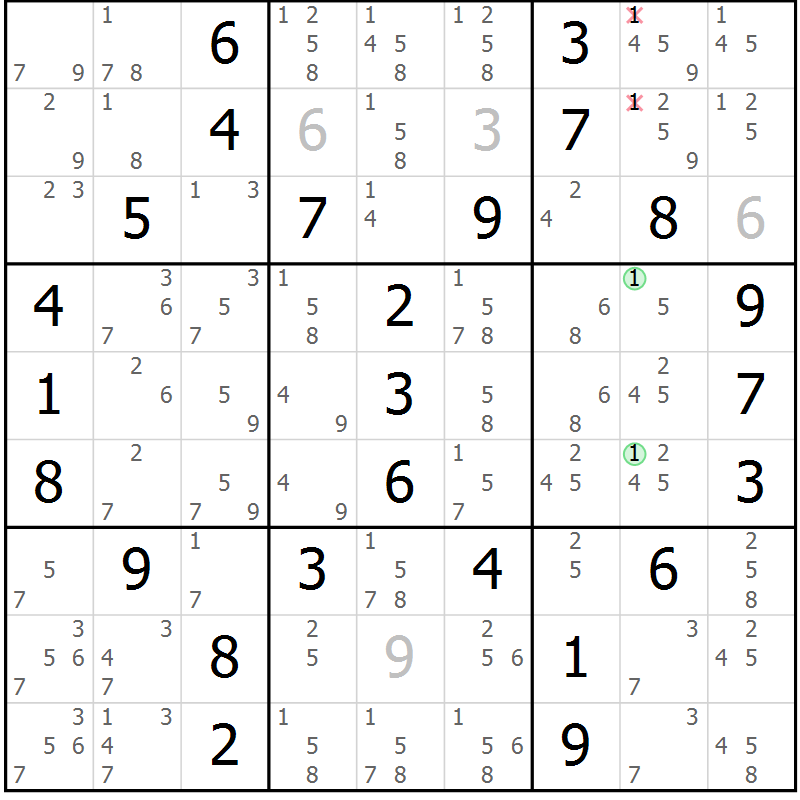 Position des candidats pour la solution de la Gr 5 page 8 du magazine de sudoku Maestro n° 085