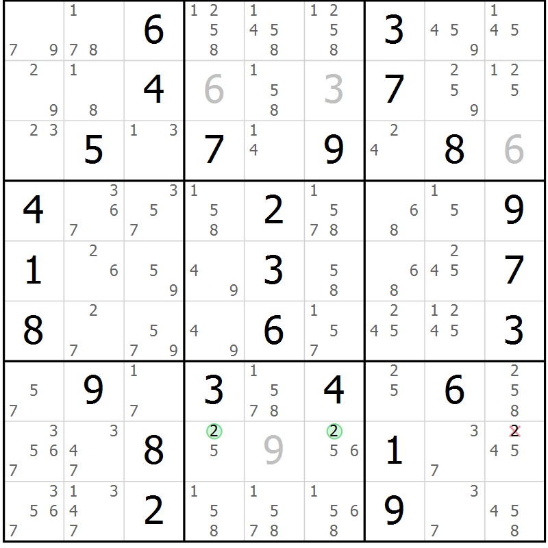 Position des candidats pour la solution de la Gr 5 page 8 du magazine de sudoku Maestro n° 085