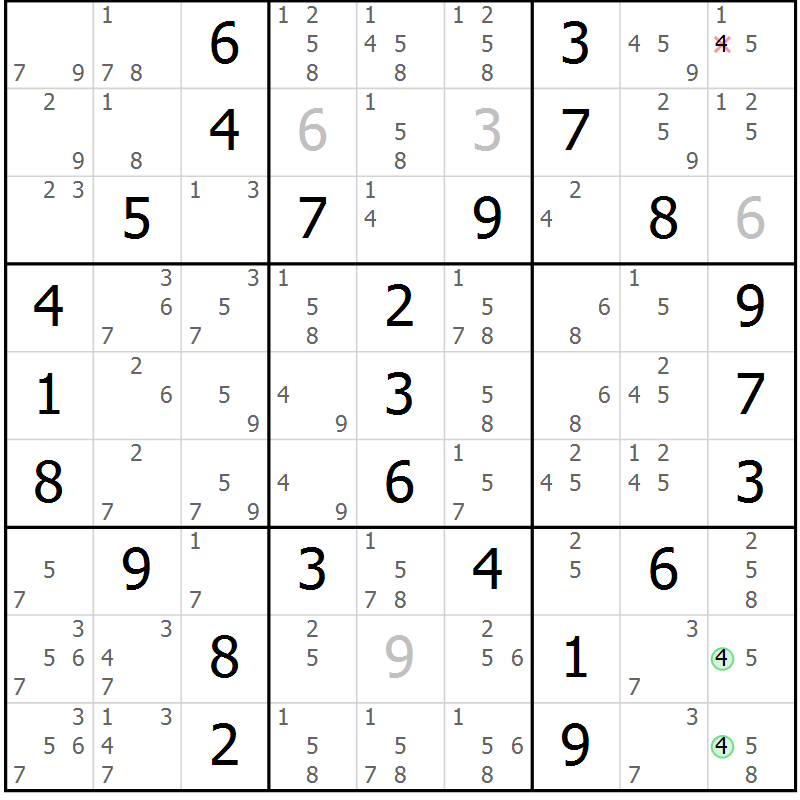 Position des candidats pour la solution de la Gr 5 page 8 du magazine de sudoku Maestro n° 085