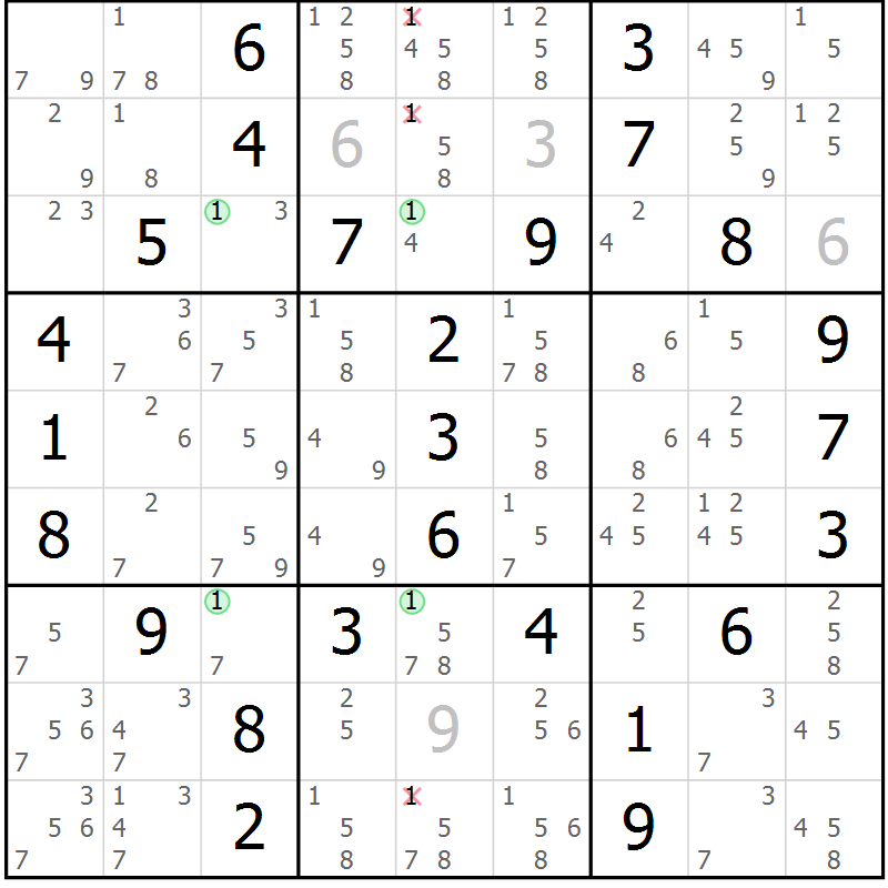 Position des candidats pour la solution de la Gr 5 page 8 du magazine de sudoku Maestro n° 085
